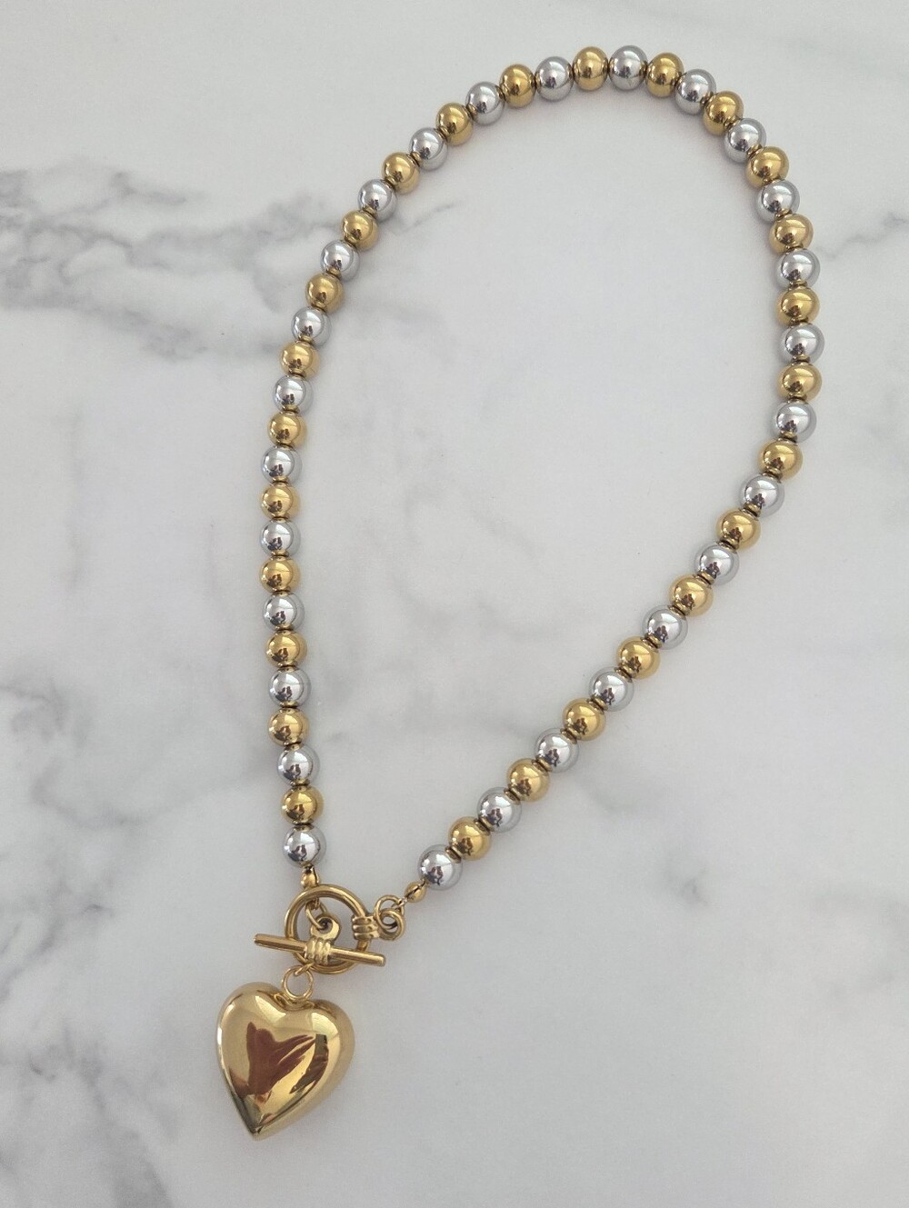 Two Tone Gold Silver Beaded Heart Pendant Toggle Necklace - Picture 4 of 14